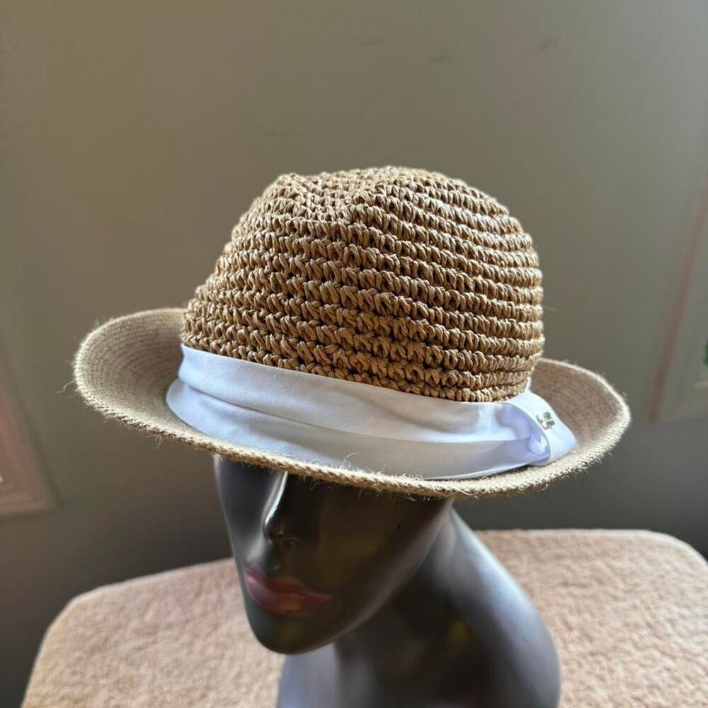 Steve Madden Tan 100% Paper Yarn hat with white ribbon